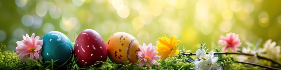A group of colorful easter eggs sitting on top of a lush green field - obrazy, fototapety, plakaty