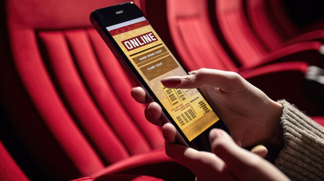 Person's hand holding a smartphone with a digital online ticket on the screen, with a blurred background featuring red theater or cinema seats.