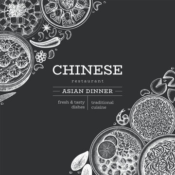 Chinese Cuisine Chalk Board Design Template. Vector Hand Drawn Asian Food Banner. Vintage Style Menu Chalk Illustration.