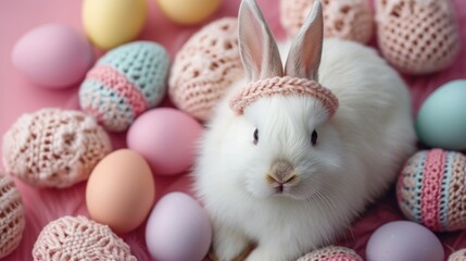 Fototapeta na wymiar A white rabbit wearing a knitted hat surrounded by easter eggs