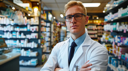 Confident male pharmacist in a white coat, standing with his arms crossed in a pharmacy full of medicine shelves.