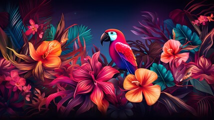Fototapeta premium Background, wallpaper, cover with tropical plants, flowers and birds in neon