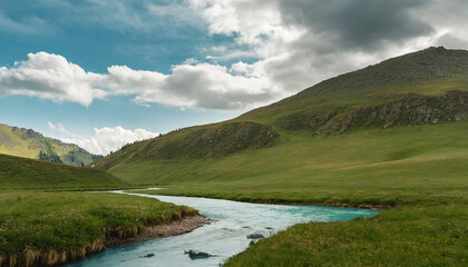 Fototapeta na wymiar Minimalist landscape with a mountain stream and a cloudy sky