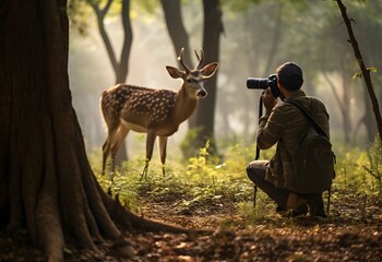 Photographer takes pictures of deer in forest or safari.