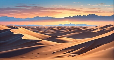 A scene of rolling desert dunes at twilight, capturing the shifting sands and the soft hues of the setting sun casting long shadows. AI Generative - Generative AI