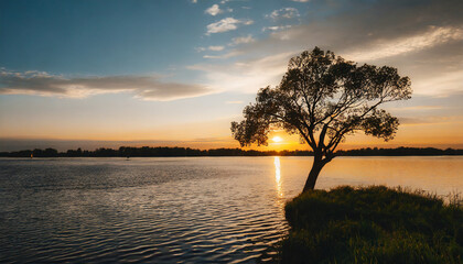 Fototapeta na wymiar Minimalist photo of a sunset over river with a tree