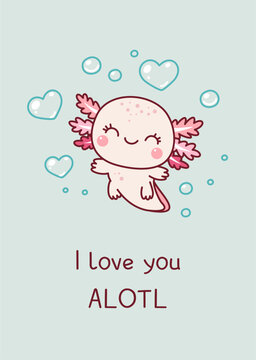 Valentine. Cute axolotl among the bubbles of hearts. Valentine's day. Kawaii style. Doodle.
