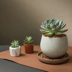 Minimalist still life with succulents. Earthy tones, clean lines. Arrangement of succulents in modern pots. Minimalist beauty, capturing the simplicity of nature in an urban setting.