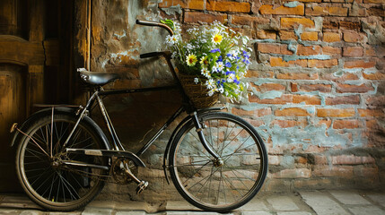 Fototapeta na wymiar an old bicycle is propped up against a red peeling brick wall with beautiful flowers growing on the bicycle