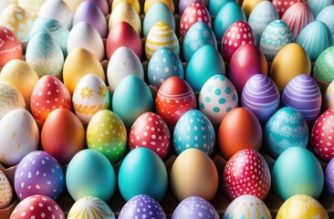 Fototapeta na wymiar Easter background of colorful eggs, top view. Concept Easter eggs, confectioner, search