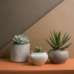 Minimalist still life with succulents. Earthy tones, clean lines. Arrangement of succulents in modern pots. Minimalist beauty, capturing the simplicity of nature in an urban setting.