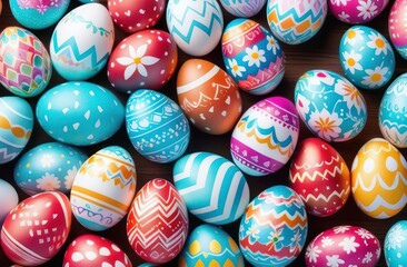 Fototapeta na wymiar Pattern with multi-colored eggs, top view. Concept Easter eggs, confectioner, search