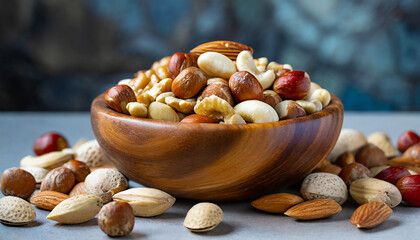 mixed nuts in a wood bowl - close up view
