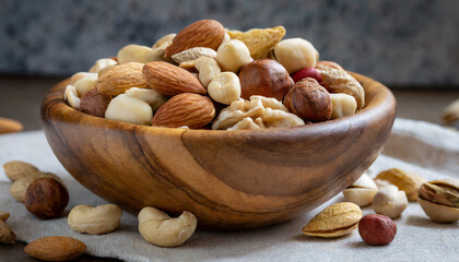 mixed nuts in a wood bowl - close up view