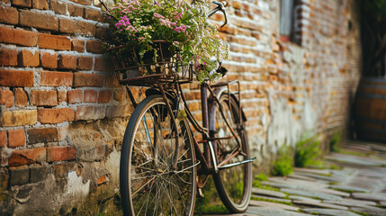 Fototapeta na wymiar an old bicycle is propped up against a red peeling brick wall with beautiful flowers growing on the bicycle