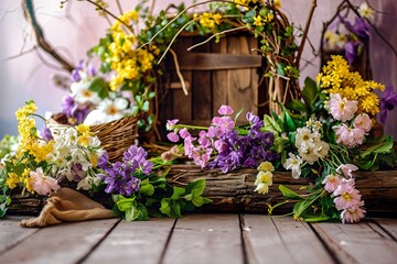 Fototapeta premium spring set up with colourful flowers pink , vintage wood parquet.