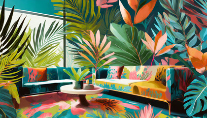 Modern botanical paradise. Abstract floral prints, bold colors. Sleek furniture, clean lines. A contemporary and vibrant space infused with the freshness of botanical patterns.