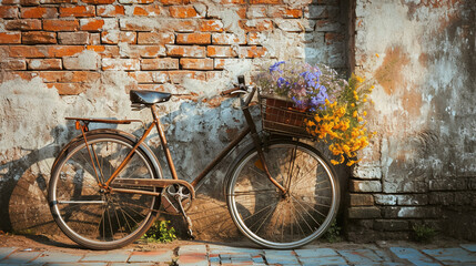 an old bicycle is propped up against a red peeling brick wall with beautiful flowers growing on the bicycle