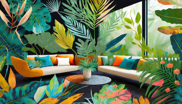 Modern botanical paradise. Abstract floral prints, bold colors. Sleek furniture, clean lines. A contemporary and vibrant space infused with the freshness of botanical patterns.