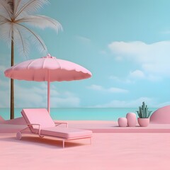 Pink lounger, umbrella and palm trees on the beach, Barbie style.