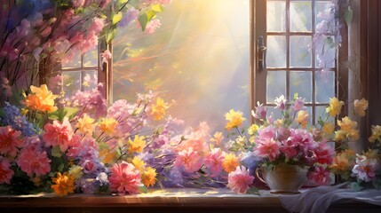 Fototapeta na wymiar Beautiful morning with spring flowers, window, flowers