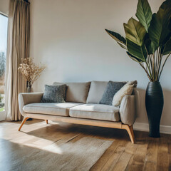 Modern Scandinavian aesthetics take center stage with a chic sofa and trendy vase, embodying minimalism and elegance for successful home staging concepts.