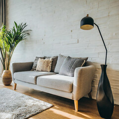 Modern Scandinavian aesthetics take center stage with a chic sofa and trendy vase, embodying minimalism and elegance for successful home staging concepts.