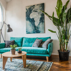 Modern Scandinavian living room featuring a mint sofa, designer furniture, a mock-up poster map, potted plants, and elegant personal accessories, curating a fashionable and well-coordinated interior.