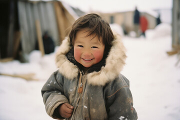 Young Inuit child in fur parka smiling near winter tents - obrazy, fototapety, plakaty