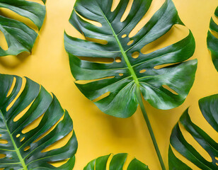 Pattern of tropical monstera leaves on yellow background. Flat lay. Top view. Pop art design,...