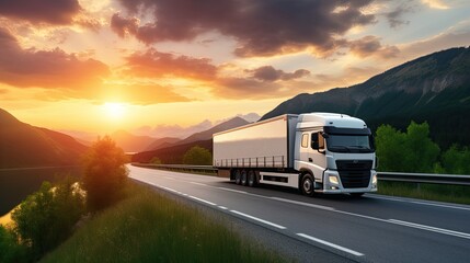 Obraz premium a cargo truck with a white blank empty trailer for ad on road. beautiful mountains and sky sunset. driving in motion