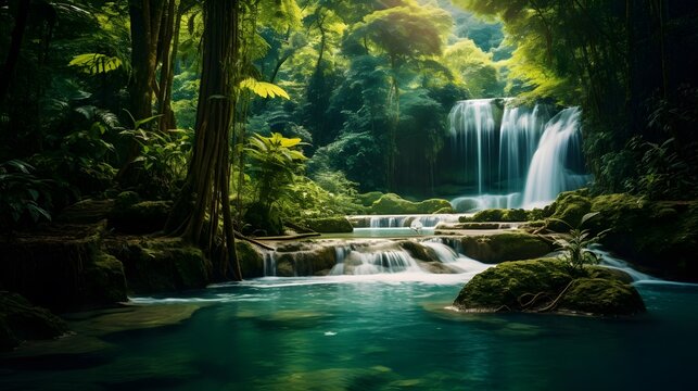 Beautiful waterfall in lush tropical green forest. Nature landscape. © Ziyan Yang