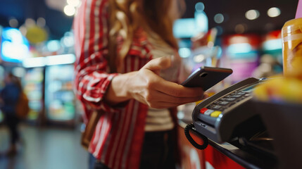 Woman with smartphone using contactless payment to pay cashier in supermarket - Powered by Adobe
