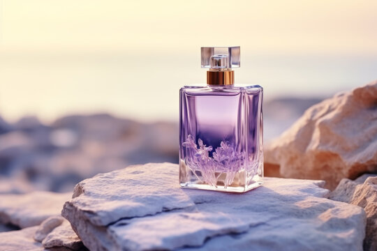 Luxury perfume bottle on white rock.