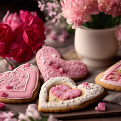 Cookies baked in the shape of a heart for Valentine's day.