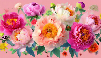 Obraz na płótnie Canvas Playful peony pattern_ beautiful blooming pink peonies_ natural floral background