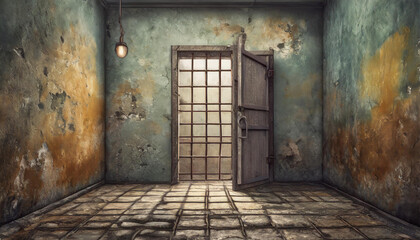 Obraz premium Prison cell with open door and old dirty walls. 3D illustration