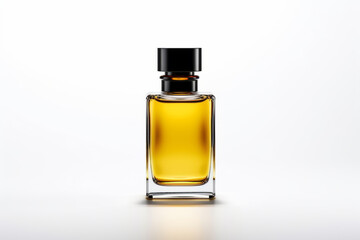 Yellow perfume bottle with black lid on white background