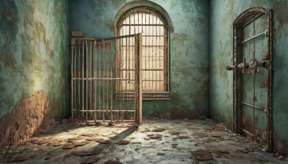 Prison cell with open door and old dirty walls. 3D illustration