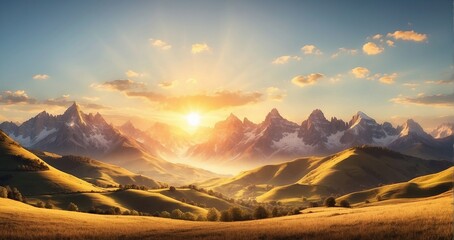 A scene showcasing a panoramic view of mountains during the golden hour, with the sun casting a warm, golden light over the rolling hills and peaks - Generative AI