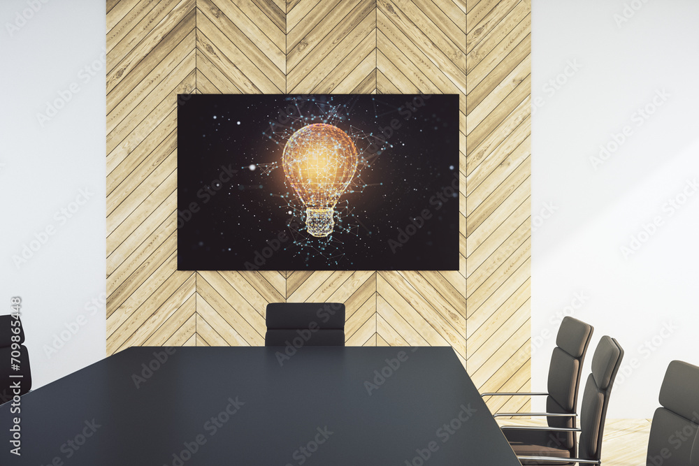 Poster creative light bulb illustration on tv display in a modern presentation room, future technology conc