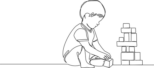 continuous single line drawing of toddler playing with toy blocks, line art vector illustration