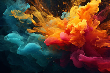 Colorful abstract background with gold smoke and swirling ink