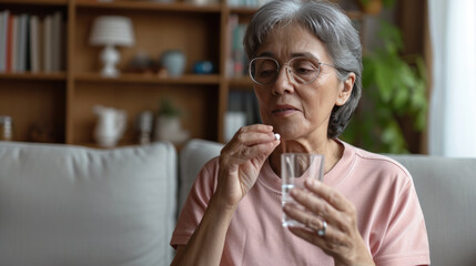 Elderly woman with glasses is looking at a pill in her hand while holding a glass of water