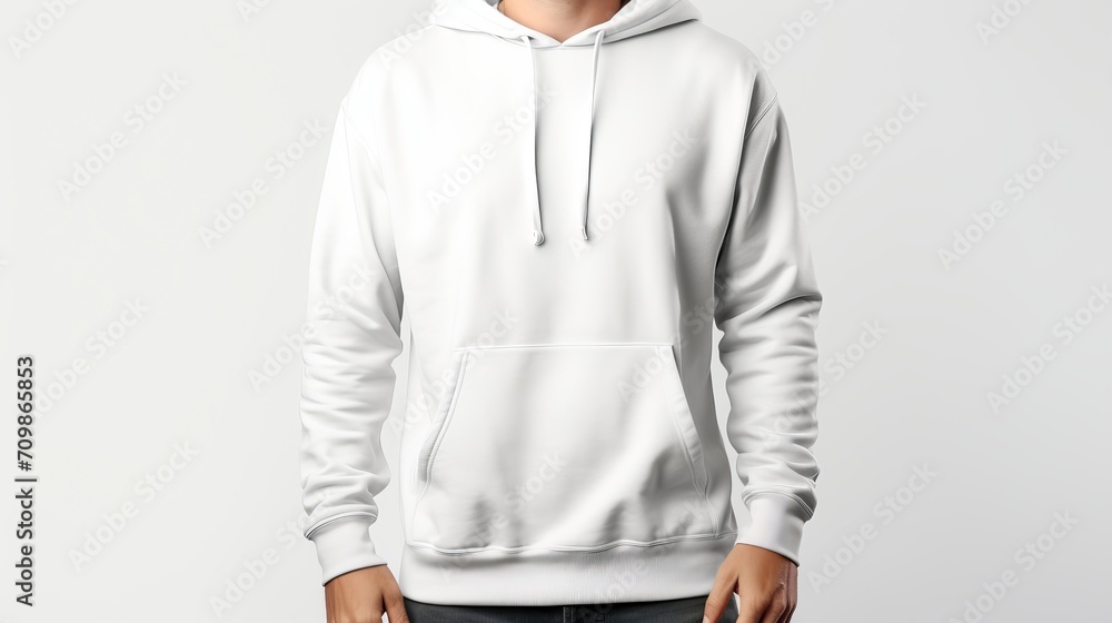 Canvas Prints Man in white hoodie front mockup template for designBright studio shot isolated on white wall.