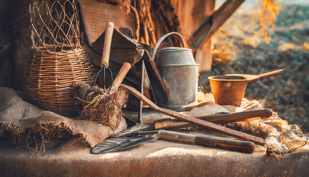Rustic still life with farm tools. Warm tones, rural details. Arrangement of vintage farm tools and rustic artifacts. A tribute to agrarian traditions, capturing the essence of rural life.