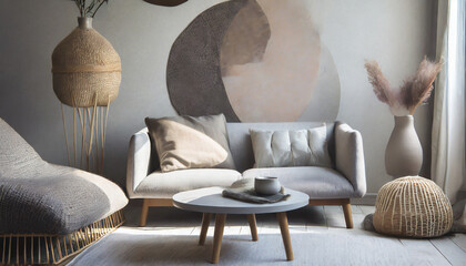 Scandinavian artful space. Neutral tones, artistic details. Artistic furniture, clean lines. Feminine artistic accents like abstract art and soft cushions create an inviting and contemporary atmospher