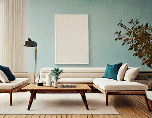 Scandinavian coastal living room with minimalist seating and a light-toned wooden table. The mockup wall adds a dynamic element, allowing for personalized and serene displays within the Nordic-inspire