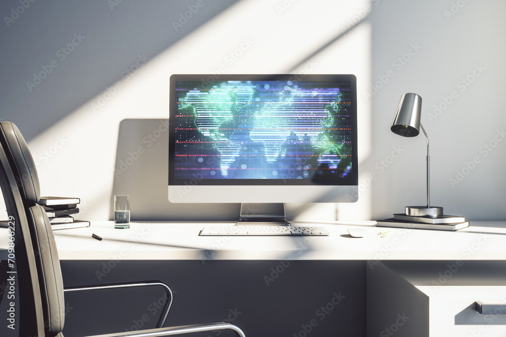 Poster abstract creative world map on modern laptop screen, international trading concept. 3d rendering