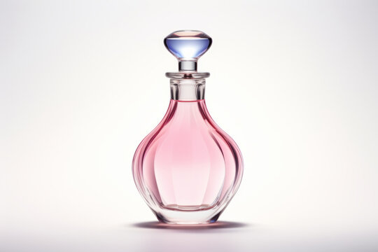 Delicate pink glass perfume bottle on white background